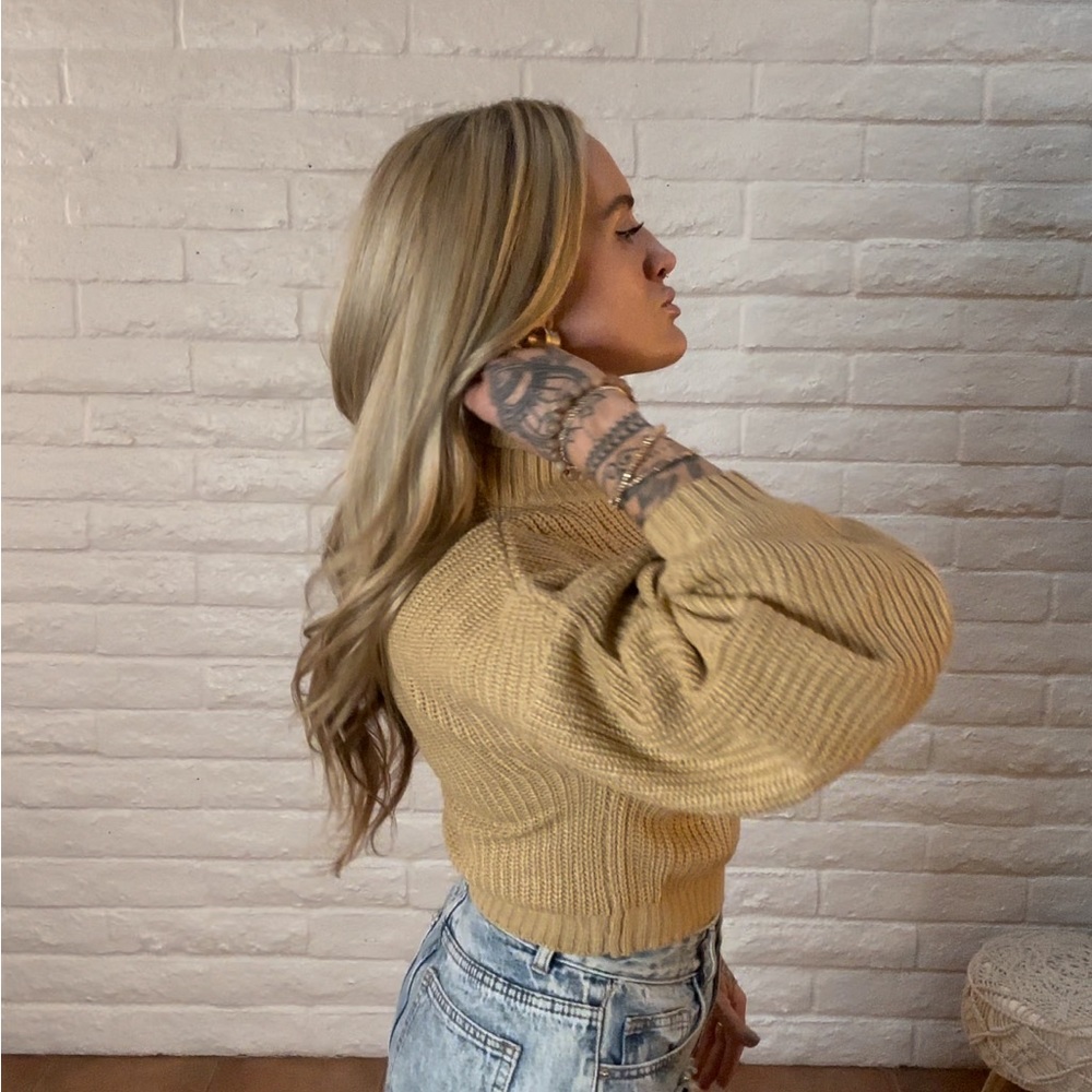 Short tan sweater with turtle neck and cute sleeves!
